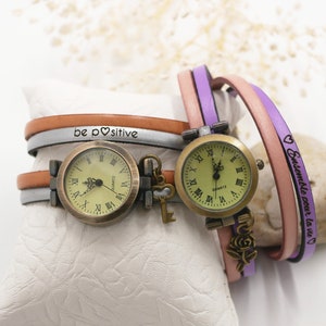 Personalized double leather woman watch with leather wrap adjustable,  custom jewelry gift for women, wife, sister, best friend