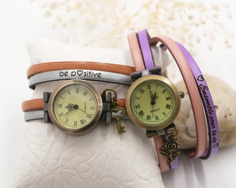 Montre personnalisée style vintage bracelet cuir double tour double couleur, cadeau bijou femme fille unique à graver au bracelet ajustable