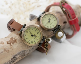 Personalized woman watch with leather bracelet and feather charm,  women gift, custom name engraved