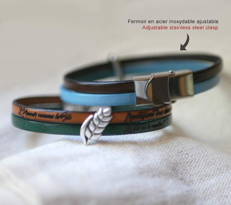 Bracelet double cuir décoré d'un poussoir argenté épis de blé anniversaire de mariage 3 ans noces de blé, cadeau personnalisé homme ou femme image 7