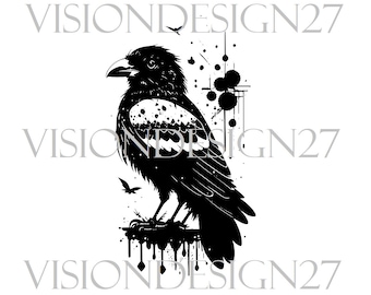 Black Crow, Vector Graphics .SVG, .PNG, Surreal Art, Black and White, Digital Download Halloween Design Wall Art Cricut, Clipart