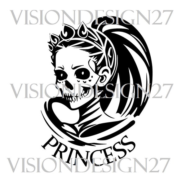 Princess Skull Woman, Vector Graphic .SVG, .PNG, Surreal Art Black White, Digital Download Halloween Wall Art Cricut, Clipart, Print