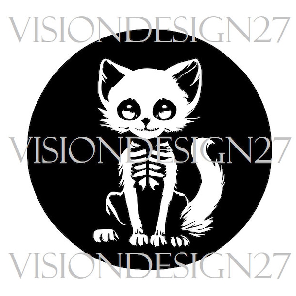 Süße Skelett Katze, Vektor Grafik .SVG, .PNG, Surreale Kunst, Schwarz Weiß, Digital Download Halloween Design Wall Art Cricut, Clipart