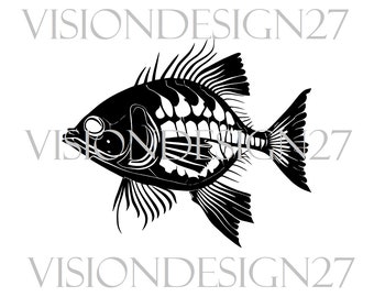 Skeleton Fish, Vector Graphics .SVG, .PNG, Surreal Art, Black and White, Digital Download Angler, Fisherman Design Wall Art Cricut, Clipart