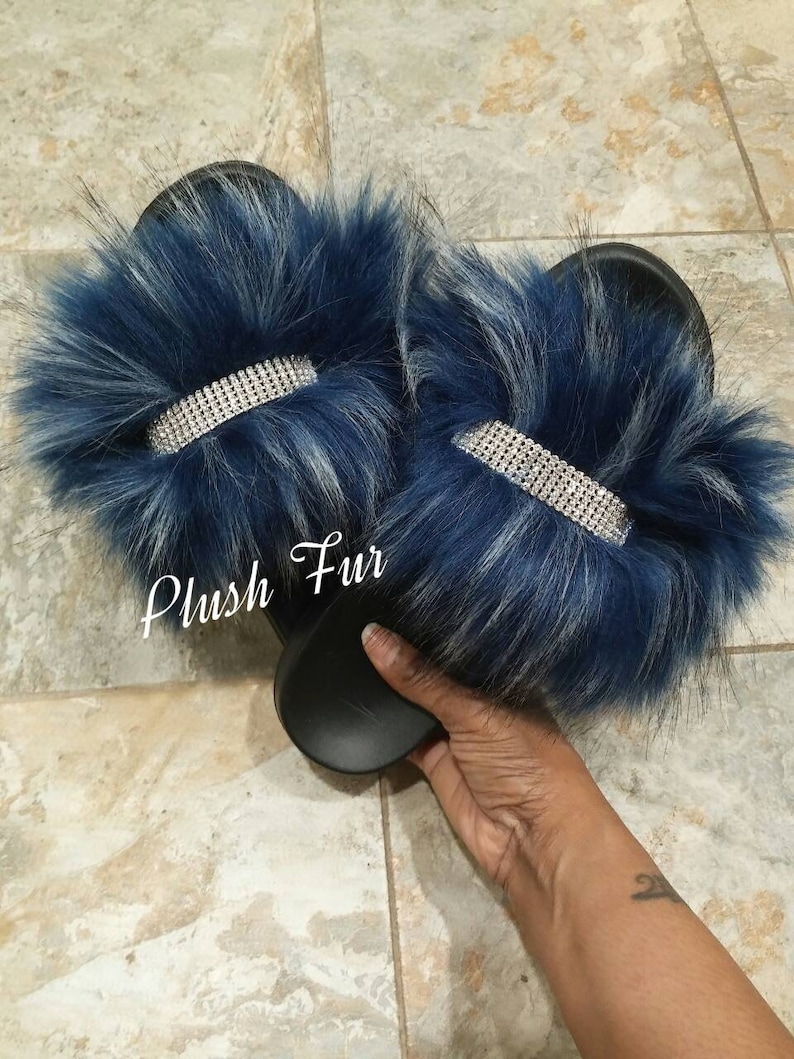 Denim Blue Rhinestones Fur Summer Slides Slippers