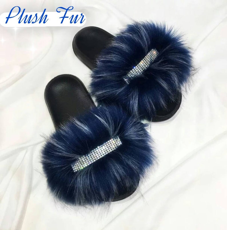 Denim Blue Rhinestones Fur Summer Slides Slippers