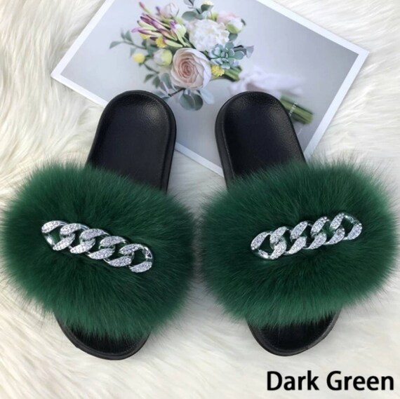 Dark Green Faux Fur Rhinestone Slides Slippers Size 10.5-11 - Etsy