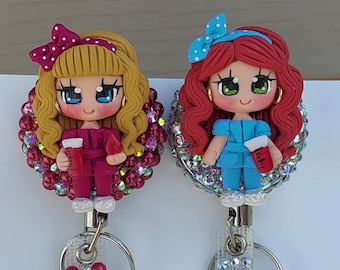 LAB-Phlebotomy Phlebotomist-Med Tech-MT-Mls Blood Bank Tech-Caucasian Girl Clay Dolls Scrubs Work Hospital Badge Reel Heavy Duty Belt Clip