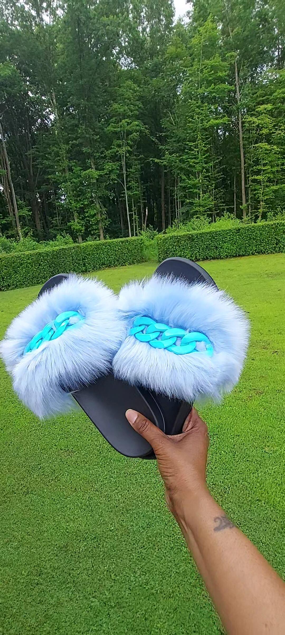 HOT Baby Blue Faux Fur Slide Faux Fur Light Blue Rhinestone