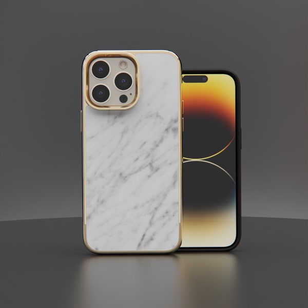 Real White Marble Bianco Carrara iPhone 14 Case - GOUD of ZWART gemaakt voor iPhone 13 Pro, iPhone 13 mini, iPhone 14 Pro Max ROXXLYN