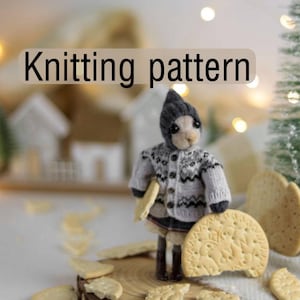 Op de afbeelding: Een gebreide pop met een grijze en witte trui en muts, die een cracker vasthoudt. De tekst "Knitting pattern" wordt boven de pop weergegeven. De pop staat op een houten schijf met crackers.