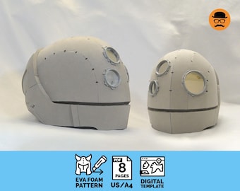 May include: Two gray EVA foam helmets with circular window-like features. The helmets have a rounded shape and are designed with visible seams and rivets. The image also includes icons indicating an EVA foam pattern, 8 pages, and a digital template.