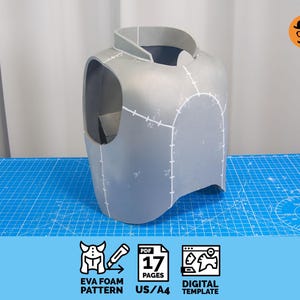 Puede incluir: Patrón de armadura de espuma EVA gris con marcas blancas, diseñado para cosplay o creación de disfraces. El patrón incluye una pieza para el cuello y el área del pecho. También se muestra el texto "EVA FOAM PATTERN", "PDF 17 PAGES US/A4" y "DIGITAL TEMPLATE".