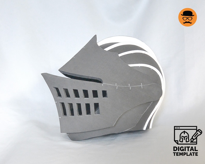 Puede incluir: Un casco de espuma gris con l&iacute;neas blancas y una cuadr&iacute;cula de agujeros en la parte delantera. El casco es una plantilla digital para manualidades.