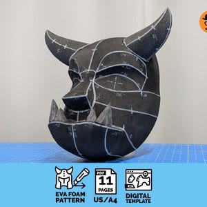 May include: A black foam mask with two horns and prominent teeth, featuring white hand-drawn assembly lines and numerical markings. The product includes a digital template with 11 pages for EVA foam patterns in US and A4 paper sizes.