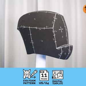 May include: A black EVA foam pattern, marked with white lines and measurements, is displayed on a white stand. The pattern is for a helmet or mask. The image includes text that reads "EVA FOAM PATTERN", "11 PAGES", and "DIGITAL TEMPLATE".