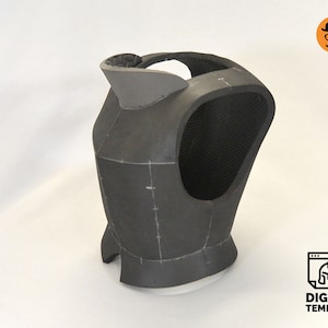 May include: A gray foam armor chest piece with a black mesh panel and a gray foam collar. The armor is marked with lines and dots for sewing.
