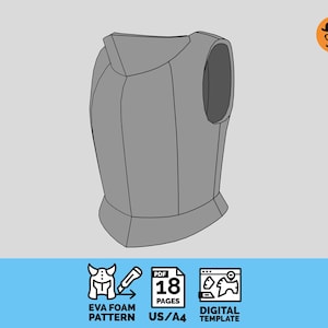 May include: A gray EVA foam pattern for a chest piece, featuring a detailed outline. The design includes a high collar and contoured panels. The image also includes icons and text: "EVA FOAM PATTERN", "18 PAGES", and "DIGITAL TEMPLATE".
