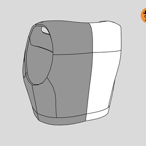 May include: A two-tone, grey and white, stylized illustration of a vest. The vest has a rounded shape with a cutout at the top. The design is simple and modern, with clean lines and a minimalist aesthetic.