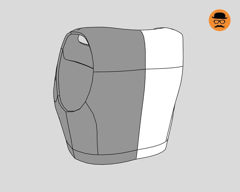May include: A two-tone, grey and white, stylized illustration of a vest. The vest has a rounded shape with a cutout at the top. The design is simple and modern, with clean lines and a minimalist aesthetic.