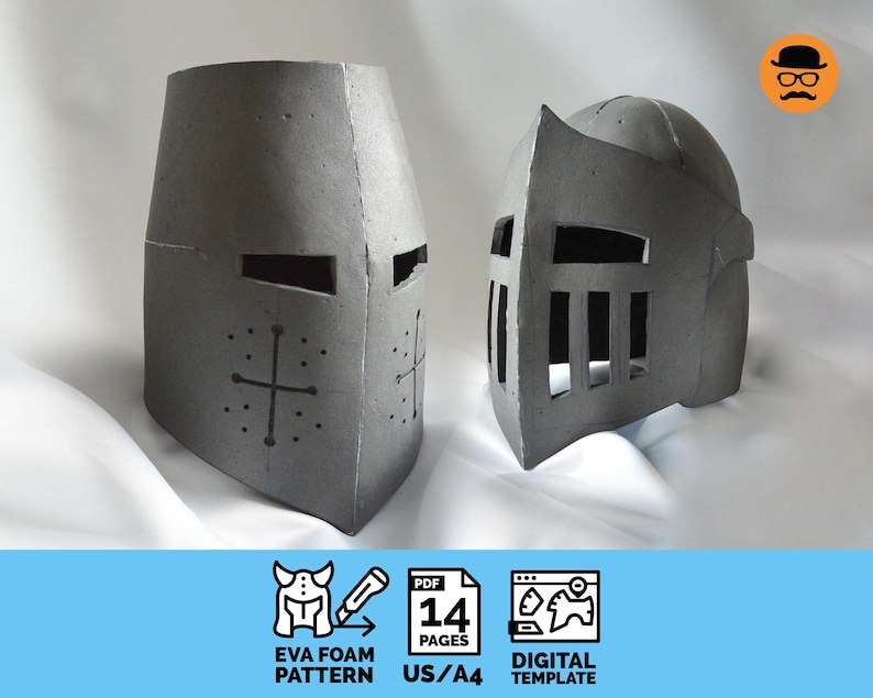May include: Two gray EVA foam knight helmets. One is a great helm with a cross design, and the other is a bascinet with a visor. The helmets are displayed on a white surface. The image also includes icons and text that read "EVA FOAM PATTERN", "PDF 14 PAGES US/A4", and "DIGITAL TEMPLATE".
