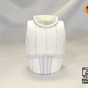 May include: White foam vest with blue lines and markings. The vest is a pattern for a costume.