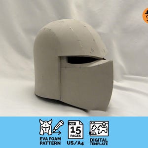 Peut inclure: Un patron de casque en mousse EVA gris clair, avec une visière et un dessus arrondi. L'image comprend des icônes et le texte : "EVA FOAM PATTERN", "PDF 15 PAGES US/A4", et "DIGITAL TEMPLATE".