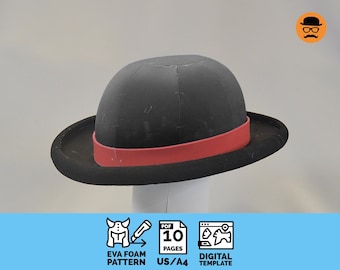 May include: A black bowler hat with a red band. The hat is displayed on a white form. The image includes the text "EVA FOAM PATTERN", "PDF 10 PAGES US/A4", and "DIGITAL TEMPLATE".
