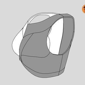 May include: A 3D-style illustration of a grey and white sports bra. The bra has a scoop neck and a racerback design. The image is set against a light grey background, with a small logo in the top right corner.