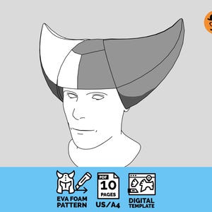 May include: A digital template for a horned headpiece shown on a mannequin head. The graphic includes icons for an EVA foam pattern, a 10-page PDF document, and a digital template compatible with US and A4 paper sizes for crafting this headgear.
