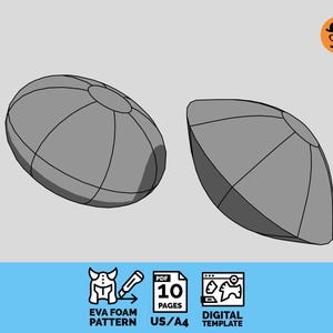 May include: A digital template for an EVA foam pattern featuring two grey, segmented, rounded shapes. The graphic includes icons for a helmet, a craft knife, a PDF document labeled 10 pages, and a digital template icon with US/A4 text.