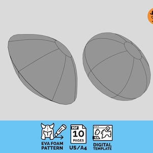 Op de afbeelding: Twee grijze, gestileerde, American football-vormige objecten worden weergegeven tegen een lichtgrijze achtergrond. De afbeelding bevat pictogrammen en tekst die een EVA-schuimpatroon, 10 pagina's en een digitale sjabloon aangeven. De tekst geeft ook US/A4 aan.