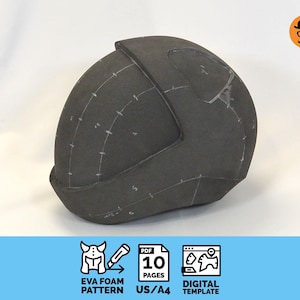May include: A dark grey EVA foam helmet pattern, marked with white lines. The image includes text: "EVA FOAM PATTERN", "10 PAGES", and "DIGITAL TEMPLATE". The pattern is designed for US/A4 paper.