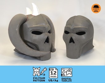 Puede incluir: Dos máscaras de casco de espuma gris, una con cuernos y la otra sin. Ambas máscaras tienen rasgos faciales detallados y están diseñadas para proyectos de manualidades. La imagen incluye texto que dice "EVA Foam Pattern", "PDF 12 Pages", "US/A4", y "Digital Template".