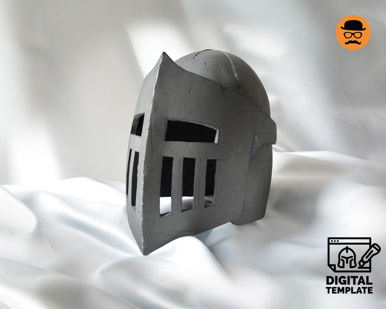 May include: A gray medieval knight helmet with a visor featuring vertical slits. The helmet has a rounded top and a pointed crest. The image includes a logo that says "DIGITAL TEMPLATE".