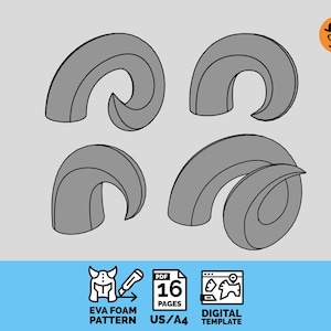 Peut inclure: Quatre formes de cornes grises stylisées sont affichées sur un fond gris clair. L'image comprend des icônes pour un motif en mousse EVA, un modèle numérique et le texte "16 pages US/A4".