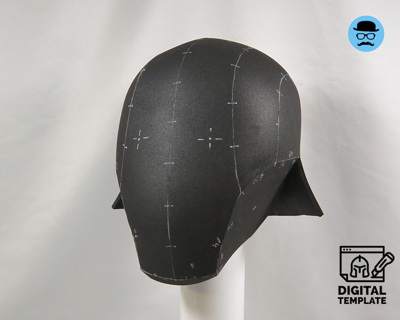 May include: A black foam helmet with white markings, a digital template for crafting.