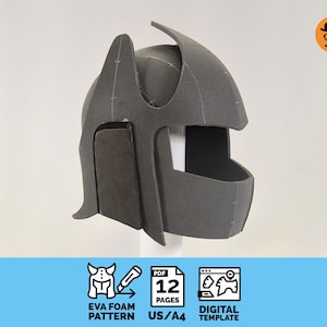 May include: A dark grey EVA foam helmet pattern with a unique, angular shape. The image includes text indicating it's a digital template with 12 pages, US/A4 size. Ideal for cosplay or crafting. The design is suitable for cosplay or crafting projects.