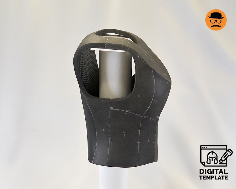 May include: A black foam vest with markings for sewing, displayed on a white mannequin form.