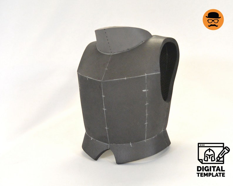 May include: A gray foam armor chest piece with a textured surface and stitching details. The armor is designed for cosplay or costume making.