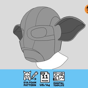 May include: A grey EVA foam helmet pattern with large ear-like features and eye openings. This digital template has 11 pages and is sized for US/A4 paper. Includes a logo of a person with a mustache and glasses.