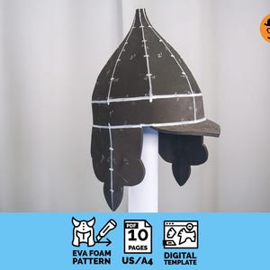 May include: A dark gray EVA foam pattern for a helmet, with white markings and a brim. The helmet is displayed on a white stand. The image includes text: EVA FOAM PATTERN, 10 PAGES, US/A4, DIGITAL TEMPLATE.