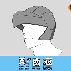 Peut inclure: Un modèle numérique pour un casque gris en mousse EVA, illustré par un dessin au trait sur un profil de tête. Le graphique inclut des icônes pour un PDF de 10 pages, un patron en mousse EVA et un modèle numérique, avec le format US/A4.