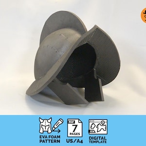 May include: A gray EVA foam helmet, likely for cosplay or costume use. The helmet has a distinctive shape with a wide brim and a textured surface. The image also includes text indicating it's a digital template.