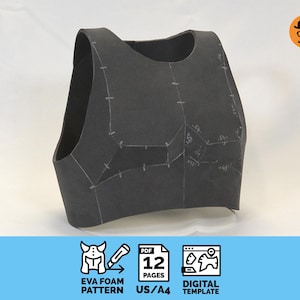 May include: A dark gray EVA foam pattern for a chest piece, with white markings and cut lines. The image includes text that reads "EVA FOAM PATTERN", "PDF 12 PAGES", and "DIGITAL TEMPLATE".