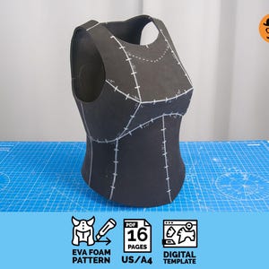 May include: A black EVA foam pattern for a chest piece, marked with white lines, sits on a blue grid cutting mat. The image includes icons for "EVA Foam Pattern", "PDF 16 Pages", and "Digital Template".