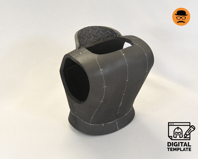 May include: A gray foam armor chest piece with stitching and markings. The armor is designed for cosplay or costume making.