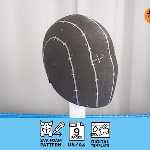 以下が含まれることがあります： 白い線でマークされた濃い灰色のEVAフォームパターンが、白いスタンドに表示されています。画像には、9ページのデジタルテンプレートで、US/A4形式で利用できることを示すアイコンとテキストが含まれています。
