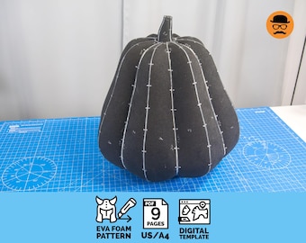 May include: A large, black pumpkin made from EVA foam, with white stitching details. The pumpkin is on a blue cutting mat. The image includes text that says "EVA FOAM PATTERN", "9 PAGES", and "DIGITAL TEMPLATE".