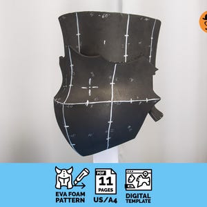 May include: A black EVA foam armour piece featuring white hand-drawn grid lines, numerical markings, and crosshair symbols. The bottom section includes icons for an EVA foam pattern, an 11-page PDF, and a digital template for US and A4 paper sizes.